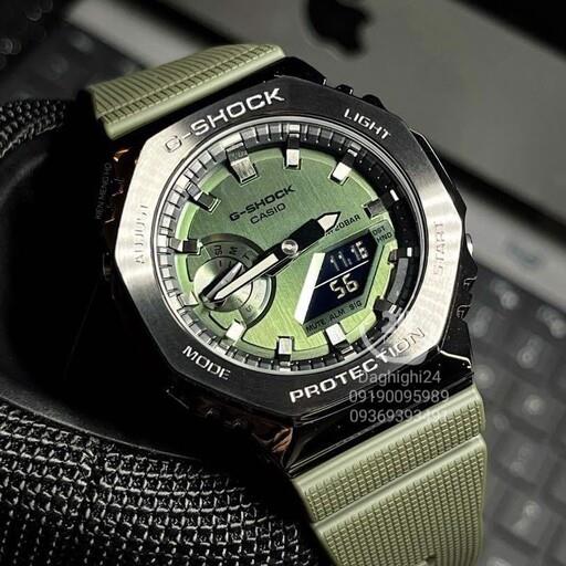 ساعت  مچی جی شاک GA2100 قاب فلزی سبز (جیشاک GShock) تنظیم اتوماتیک با پایتخت کشورها ،اتولایت اتوماتیک